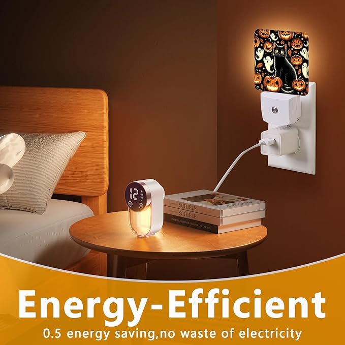 Smiling Pumpkin Night Light, Plug-into Halloween Ghost Black Cat Nightlight White LED Lamp, Energy Efficient Decor Desk Lamp for Bedroom Hallway Stairs Bathroom