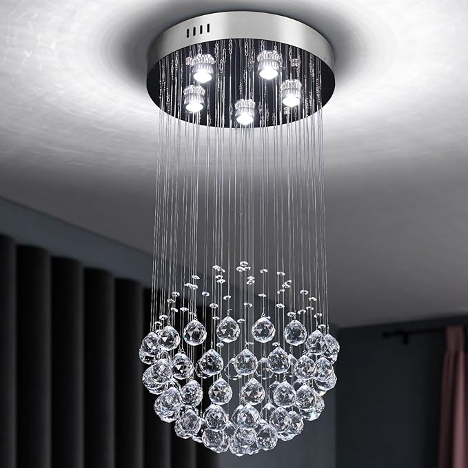 CLAIRDAI 15.7" Modern Crystal Raindrop Chandelier, Small Round Flush Mount Ceiling Light Fixture, Chrome Crystal Ceiling Light for Entryway, Dining Room, Bedroom, 5 x GU10 Bulbs Not Included