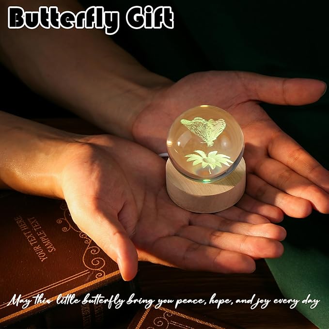 IFOLAINA Butterfly Crystal Ball Gifts Ideas for Girlfriend Wife Mom Couple Her Bithday Mothers Day 3D Butterfly on Sunflower Night Light Decorative Globes Room Decor
