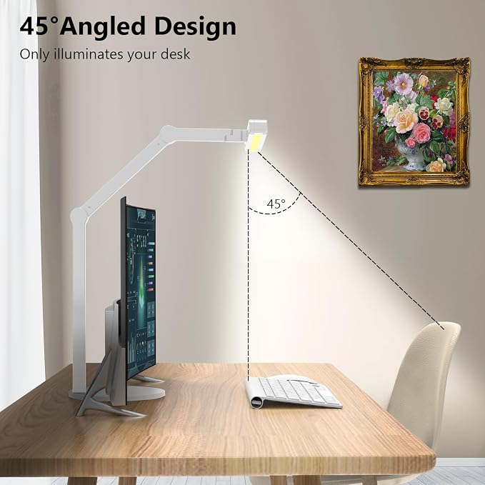 Led Desk Lamp with Atmosphere Lighting, Rotatable Tall Architect Desk Lamp for Home Office with Swing Arm, 24W Bright Auto Dimming Adjustable Computer Light with Base for Table