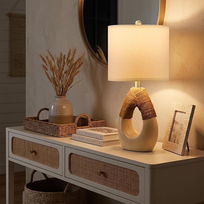 19'' Small Boho Table Lamps for Bedroom Set of 2, Farmhouse Rattan Bedroom Lamps for Living Room Rustic Home Decor, Nightstand Bedside Lamps for Sofa Table Entry Way, Suitable for Small Places