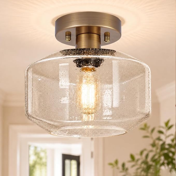 Brushed Antique Brass Semi Flush Mount Ceiling Light, Vintage Small Ceiling Light Fixture, Hallway Lighting Fixture with Bubble Glass, Kitchen Ceiling Mount Light for Entry Way, Bedroom, Bathroom
