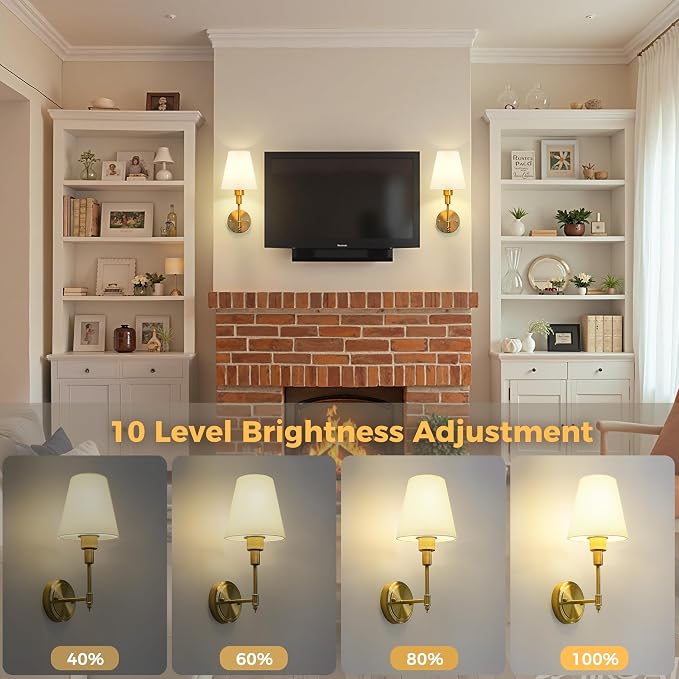 Battery Operated Wall Sconce: Set of 2 Wireless Wall Light 12000mAh | 15 Color Rechargeable Wall Sconces, Sconce Wall Decor Set of 2 for Bedroom, Living Room, Gold 14.8in