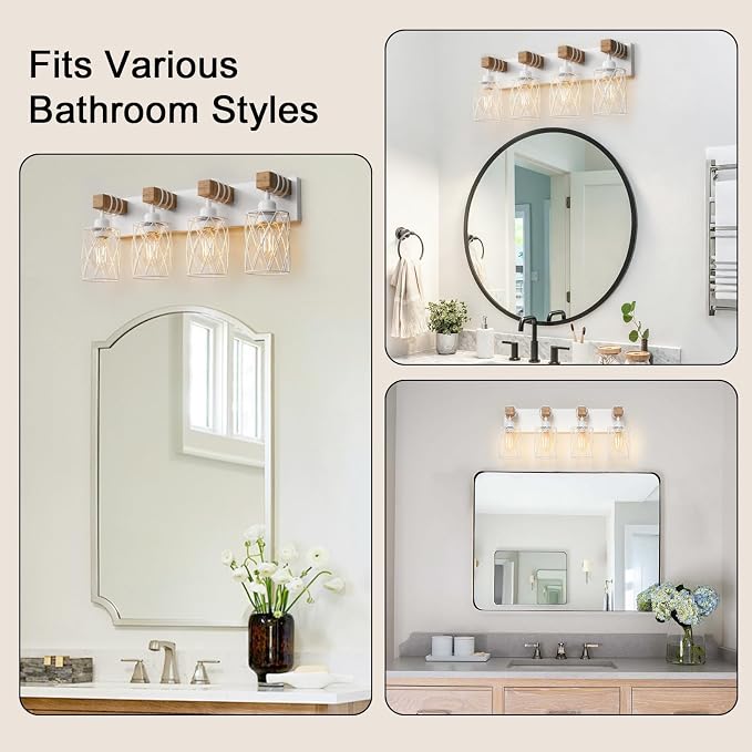 IZORRO Farmhouse Bathroom Vanity Light, 4-Light Wood Bathroom Light Fixtures Over Mirror, Matte White Industrial Vanity Lights with Metal Shade, Rustic Restroom Lighting Fixtures