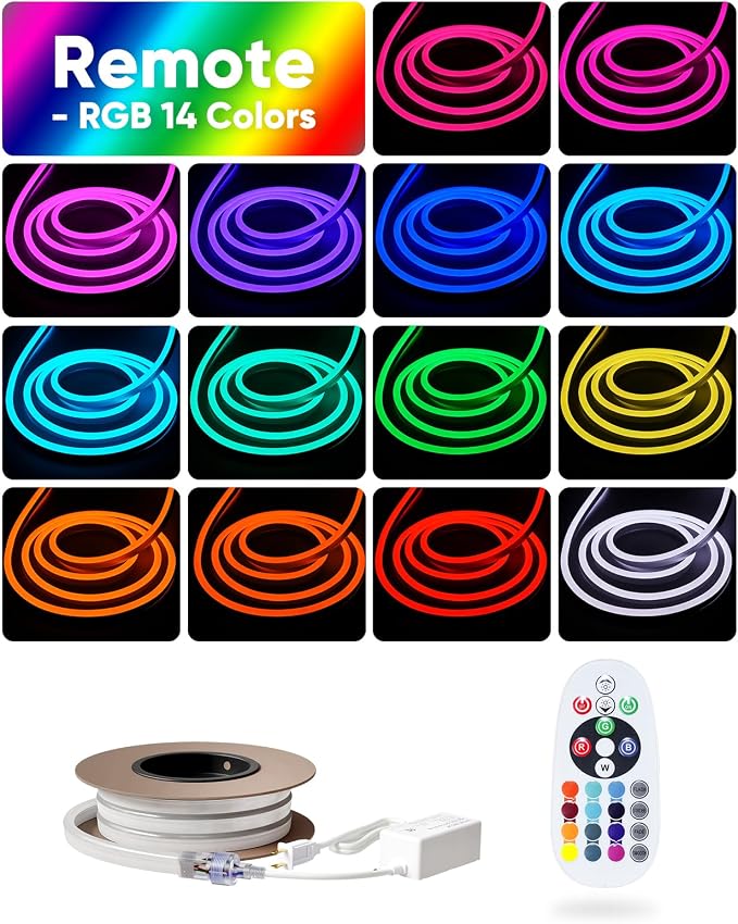 LED RGB Neon Rope Lights AC 120V, Expandable & Cuttable Bright Strip Lighting with Remote, Dimmable Color Changing, ETL Cold-Resistant & IP65 Waterproof for in&Outdoor, 10x20mm, 16.4FT