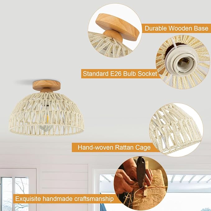 Boho Ceiling Light Fixture Rattan Flush Mount Ceiling Light Bedroom Chandelier Hand-Woven Lamp Shade Wooden Base Small Chandelier Boho Ceilings Lamp for Hallway Nursery Kitchen