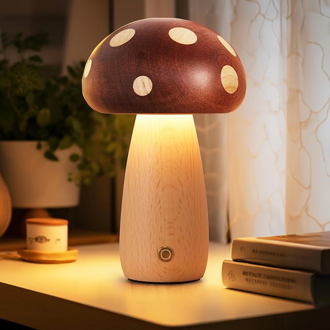 YIEONSHION LED Wood Mushroom Table Lamp, Rechargeable Cordless Touch Bedside Lamps, Wireless Stepless Dimming Night Light, Portable Battery Lamp for Bedroom Nightstand for Birthday Gifts (DMG-Big)