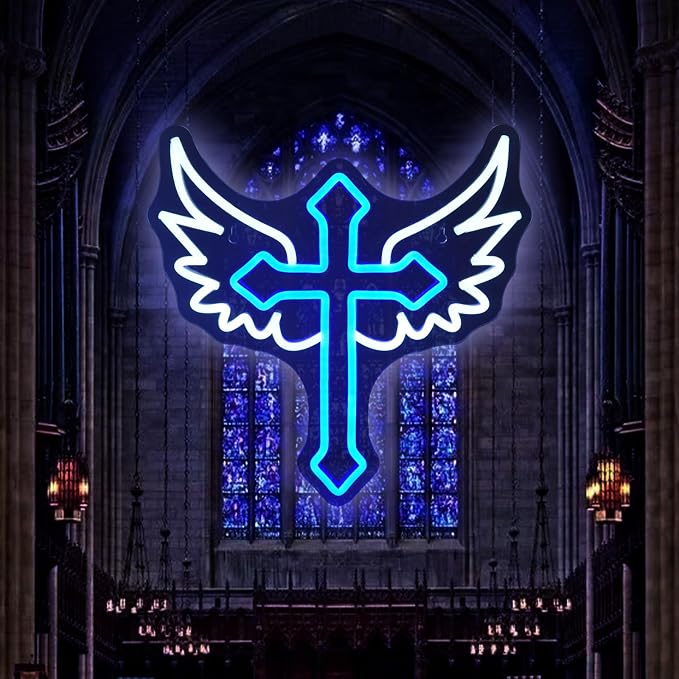 JEDAEMEN Cross Wings Neon Signs for Wall Decor White Blue LED Light Sign | Cross Led Sign Neon Lights for Preppy Room Decor Light Up Sign for Birthday Party Decoration USB Powered