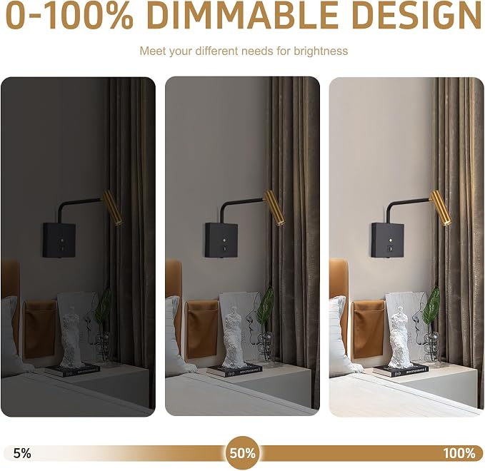 ZEROUNO LED Wall Lamp Wall Mounted Reading Lights, Dimmable Adjustable Headboard Plug in Wall Sconce with USB C+A Ports, Indoor LED Wall Lighting for Bedroom Bedside 3000K 2 Pack