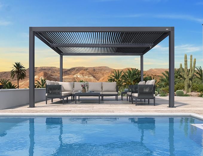 PURPLE LEAF Louvered Pergola 94AS 10' x 14' w/ 1L2W Side Shade Screen Grey | Two Adjustable Roofs, Rainproof Gutters, Zero-Rust Aluminum, Plus Textilene Sunshade With UV Block, DIY-Friendly Design