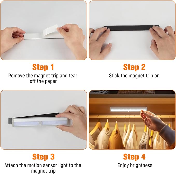 Molrebe Motion Sensor Closet Lights, 6 Pack, Battery Operated | 10 LEDs, 10-ft motion range, 15-20 sec auto-off, magnetic peel-and-stick mounting for closets, cabinets, hallways and stairs