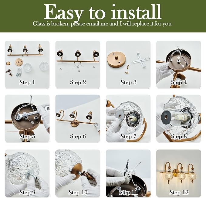 Piepooye Vintage Bathroom Lights Fixtures Gold Vanity Light with Glass Globe LampShade 3 Light Mid Century G9 Bulb Wall Sconce Indoor Vanity Light Over Mirror for Kitchen Bedroom Farmhouse Living Room