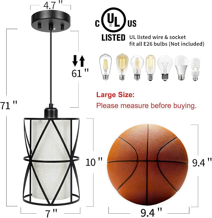 7"×10" Matte Black Pendant Light, Adjustable Height Island Lights for Kitchen with Linen Shade, Modern Kitchen Pendant Lighting Over Island, Dining Room, and Living Room