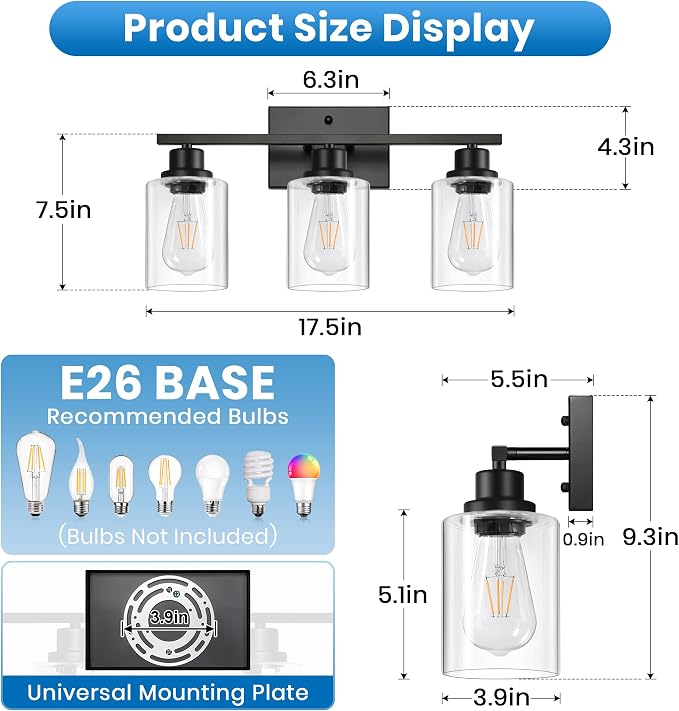 Ascher 3 Light Bathroom Light Fixture, Matte Black Bathroom Lighting Fixtures Over Mirror, Vanity Light with Clear Glass Shade, Wall Sconce for Living Room Bedroom Cabinet, E26 Base