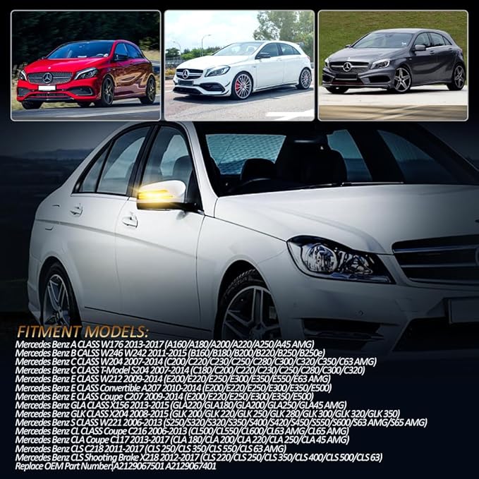 D-Lumina Dynamic LED Side Mirror Sequential Turn Signal Lights Smoked Lens for Merce-des Benz A/B/C/E/S/CLA/GLA/GLK/CLS Class W204 W176 W212 W246 W221 C250 C300 C350, Side Marker Blinkers Mirror Light