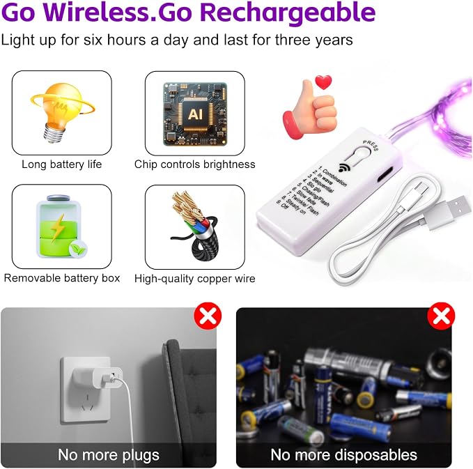 6 Pack Rechargeable Fairy Lights,7ft 20LEDs, Remote & DIY Timer | Dimmable Silver Wire, Mini Twinkle Lights, For Mason Jar, Indoor Christmas Bedroom Wedding Decor, Purple