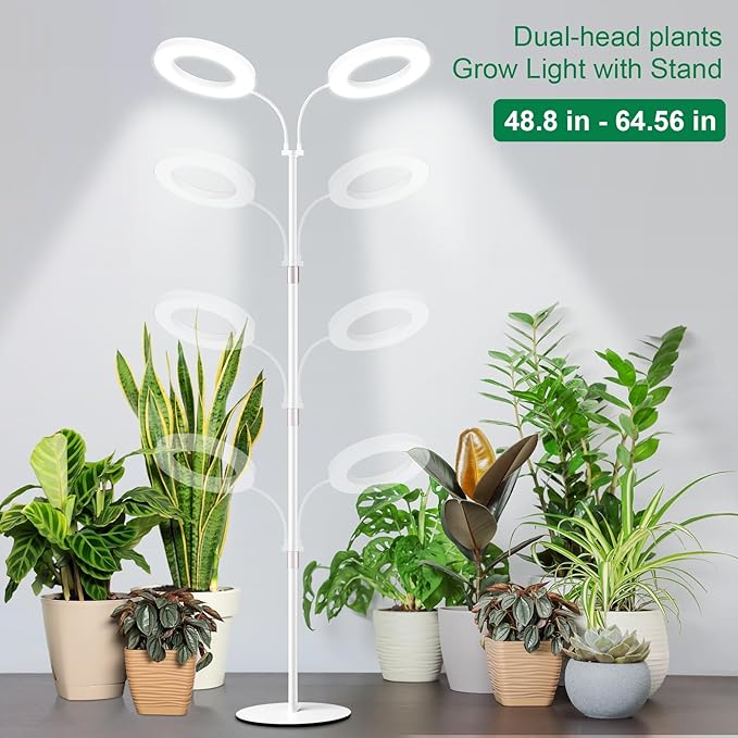 LBW Full Spectrum Grow Light with Stand for Large & Tall Indoor Plants, Adjustable Height 48.8–68'', Auto Cycle Timer 4/8/12H, 4-Level Dimmable Floor Plant Light (White)