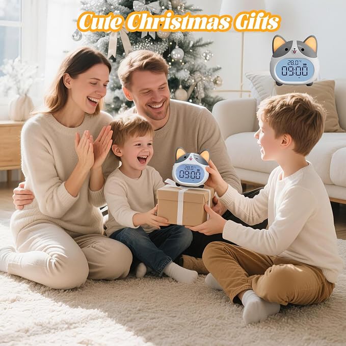 AVEKI Alarm Clocks for Kids - Cute Dog Clock with Night Light, 6 Alarm Tones, Snooze, Timer, Date and Temperature Display - Rechargeable Battery Operated Digital Clocks for Bedroom Kids Room