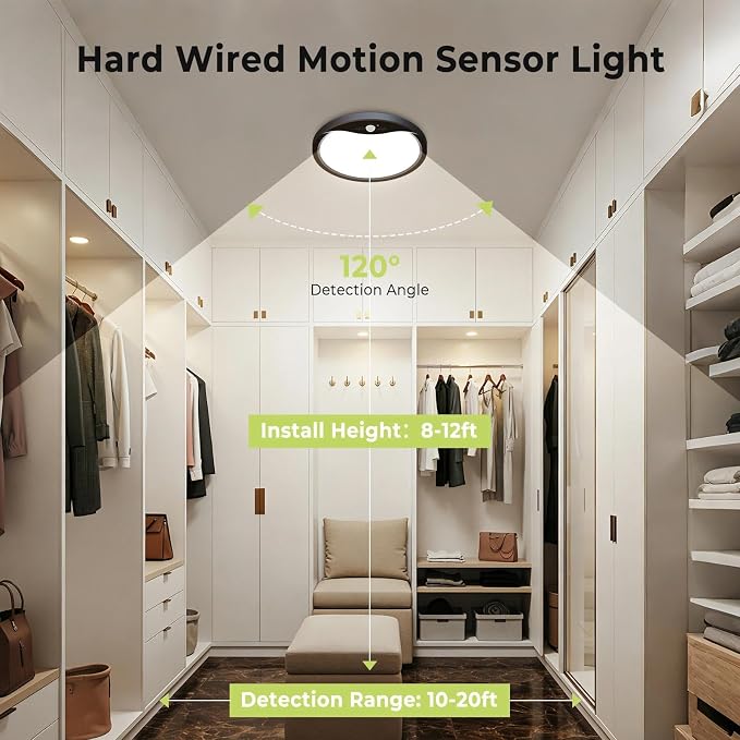 hepside 2 Pack Motion Sensor Ceiling Light Wired, 3000K/4000K/6500K LED Flush Mount Ceiling Light Fixture, 8.7Inch 18W Motion Sensor Light with Timer for Closet Stair Porch Hallway Pantry,Black