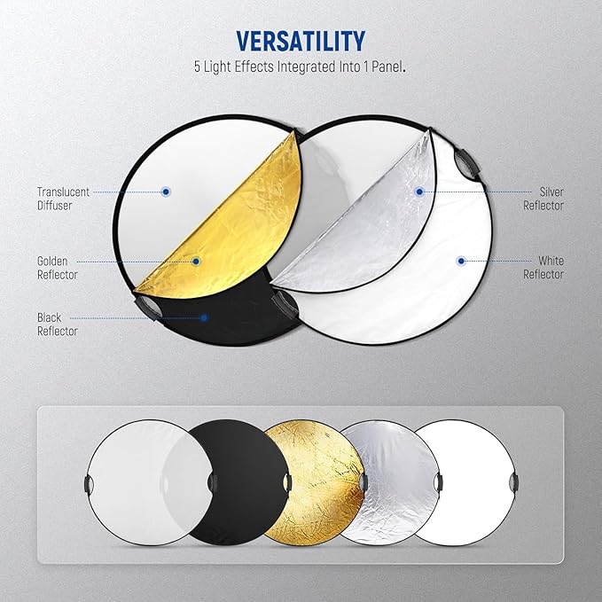 NEEWER 43"/110cm Light Reflector with Clamp & Hand Grips, 5 In 1 Collapsible Multi Disc Photography Reflector Translucent/Silver/Gold/White/Black with 3/8" Thread for Studio Outdoor Lighting, RF-110II | Multi Disc, Photography Reflector, Translucent, S...