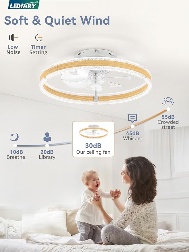 LEDIARY Ceiling Fans with Lights and Remote, 20'' Low Profile Ceiling Fan with Light, 3000-6000K Dimmable Fandelier Ceiling Fans, Modern Flush Mount Fan Light for Bedroom with 6 Wind Speeds-Wood Grain | 3000-6000K Dimmable LED, 6 Wind Speeds, Quiet Rev...