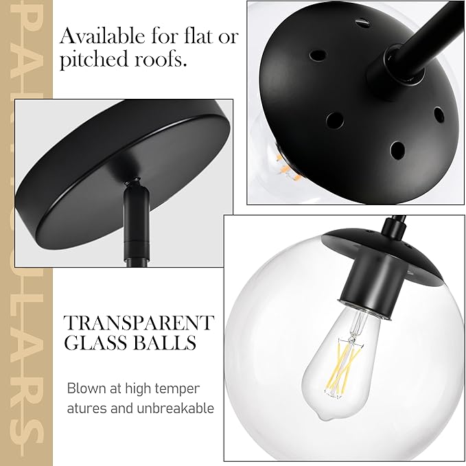 10" Globe Pendant Light Black 2 Pack Mid Century Pendant Light Globe Pendant Lights Kitchen Island Matte Black Finished with Clear Glass Adjustable Ceiling Light Fixtures for Dining Room Bar