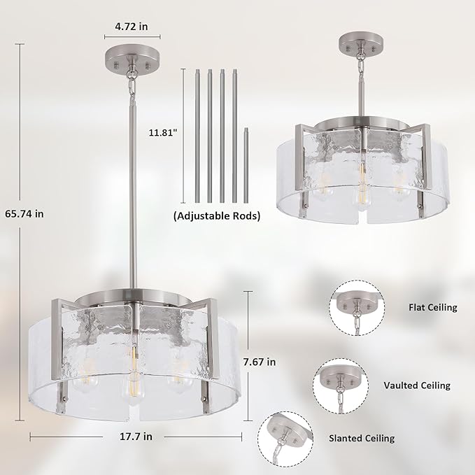 Nickel Chandeliers for Dining Room Light Fixture, 4 Light Entryway Light Fixture, Adjustable Pendant Lights Kitchen Island Modern Farmhouse Kitchen Foyer Chandelier for Entryway, Bedroom, Bathroom