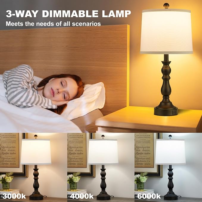 Farmhouse Side Table Lamps for Living Room Set of 2 with USB C+A Ports, Bedside Lamp for Bedroom, Dining Room Decor, Office, End Table, Knob Switch, 3 Color Temperatures, Bulb Included, Black