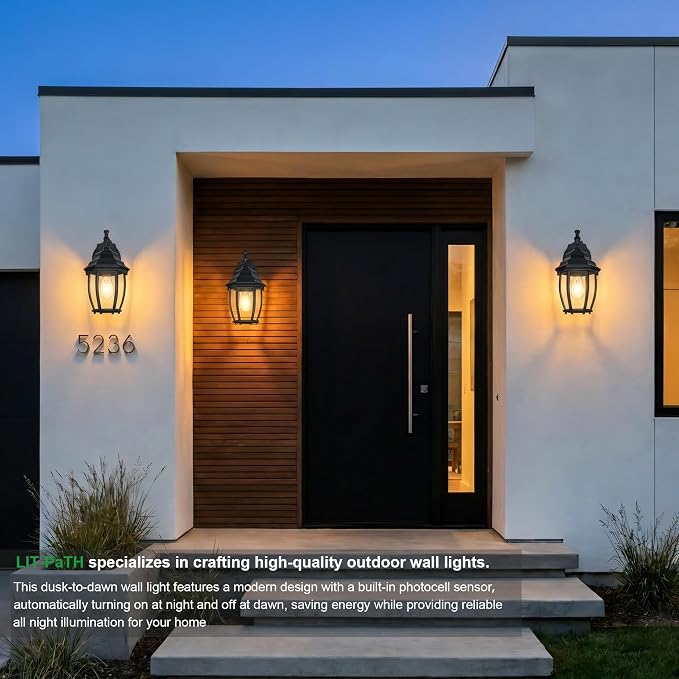 Outdoor Wall Light Fixture, Rustproof Aluminum, Glass | Dusk to Dawn Large Exterior Porch Light Wall Sconce Lantern for House, Patio, Garage, Waterproof, E26 Socket 60W Max, Black