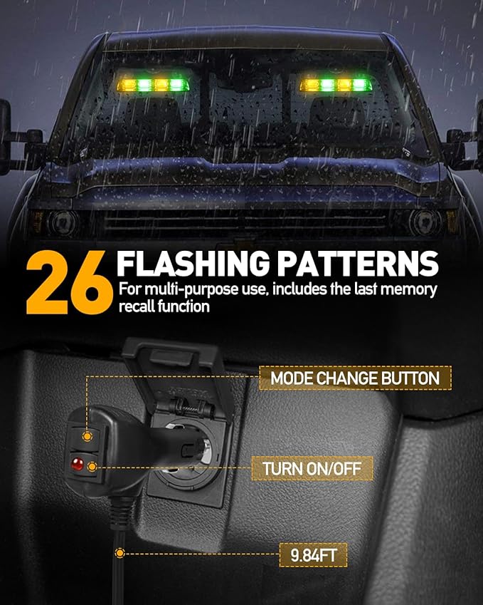 HLauto 2002L Emergency Dash Strobe Lights: Amber Green Safety Lights, Flashing Warning Hazard Windshield Visor Traffic Light Bars for Trucks, Construction Vehicles (2x8.5 inch, 48LED)