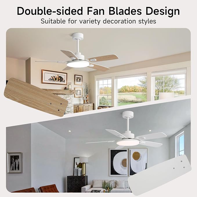 44 Inch Ceiling Fans with Lights and Remote for Bedroom Living Room Kitchen Office, Indoor/Outdoor Use, 5CCT Dimmable, Dual Color 5 Blades, 6 Speed Reversible Quiet DC Motor, White/Wood Grain
