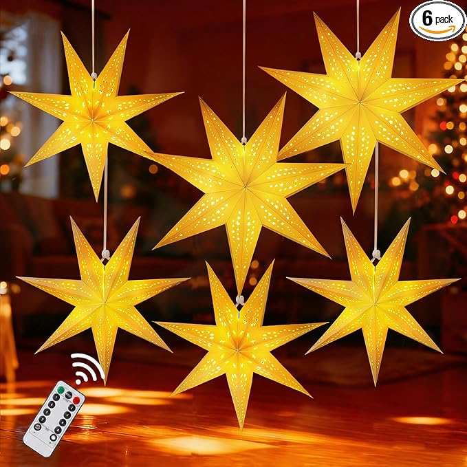 Large Paper Star Lanterns with Lights, 3D Hollow Out Christmas Paper Lanterns, 6Pcs Foldable Decorative Christmas Hanging Decorations for Xmas Wedding New Year Party Home Decor Indoor
