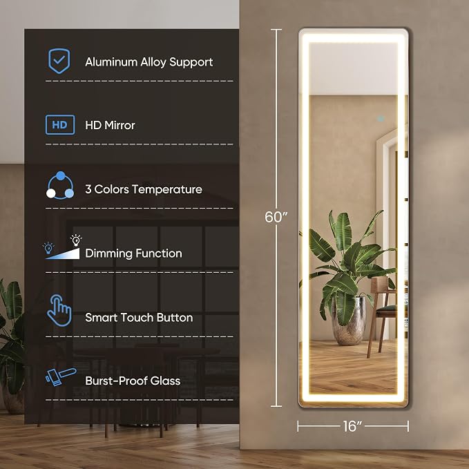 16"x60" LED Full Length Mirror with Stand, Full Body Wall Mirror | LED Lights 3 Color Lighting, Wall Hanging or Leaning, Floor Standing, Modern Simple Home Wall Decor