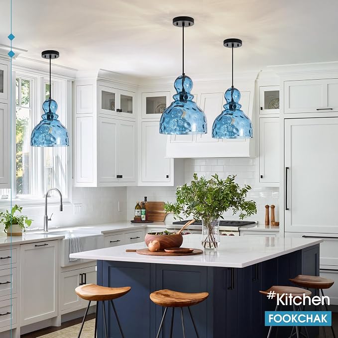 Coastal Pendant Light Blue Hammered Glass Kitchen Island Lights 10in Large Pendant Hanging Light for Dining Room Kitchen Sink Hallway Entrance, E26