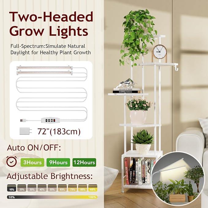 Plant Stand Indoor with Grow Light - 6-Tier Metal Plant Shelf with Hanging Basket Hook, Corner Tall Flower Holder for Multiple Plants, Living Room Balcony Garden Patio, White