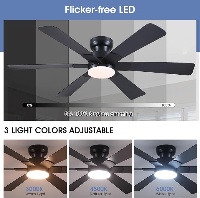 Asyko 52" Black Modern Low Profile Ceiling Fan with LED Light and Remote | Super Large Airflow with 6 Wind Speeds, Reversible, Dimmable 3 CCT LED Light, Noiseless 30W DC Motor,for Bedroom Kitchen