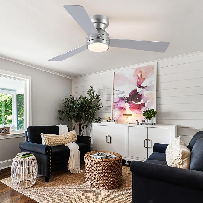 Asyko 46" Brown Modern Low Profile Ceiling Fans with LED Lights and Remote | Flush Mount,Reversible 6 Wind Speeds, Dimmable 3 CCT LED Light, 25W Quiet DC Motor,3 Double-Sided Blades,for Bedroom Kitchen