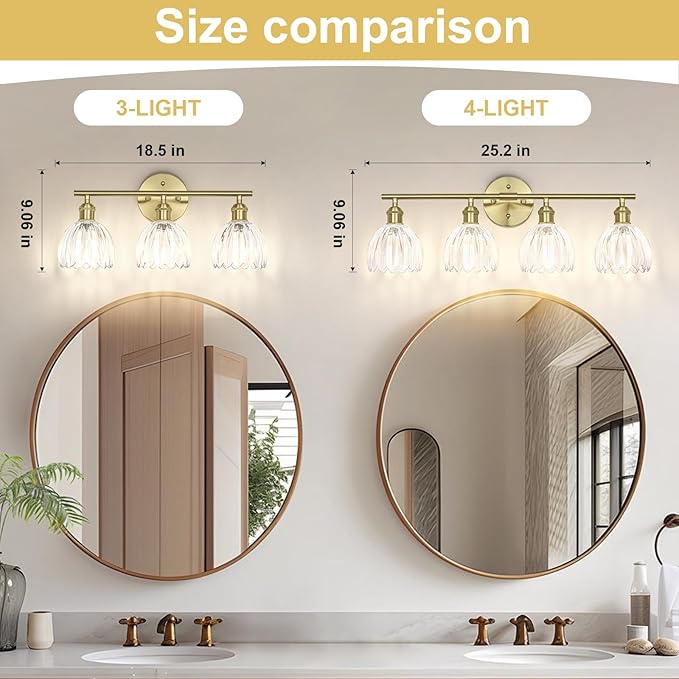 Vintage Bathroom Light Fixtures,3-Light Hardwired Vanity Lights with Clear Tulip Glass Shade,Gold Bathroom Vanity Light for Mirror Restroom,E26 Socket,18.5 in(Bulbs Not Included)