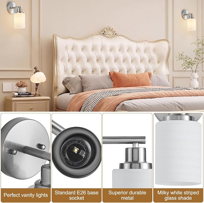 2-Pack 1-Light Vanity Lights, Brushed Nickel Bathroom Light Fixture with Textured Milky White Glass Shade, E26 Modern Vanity Lighting Fixture for Bathroom Wall Sconce
