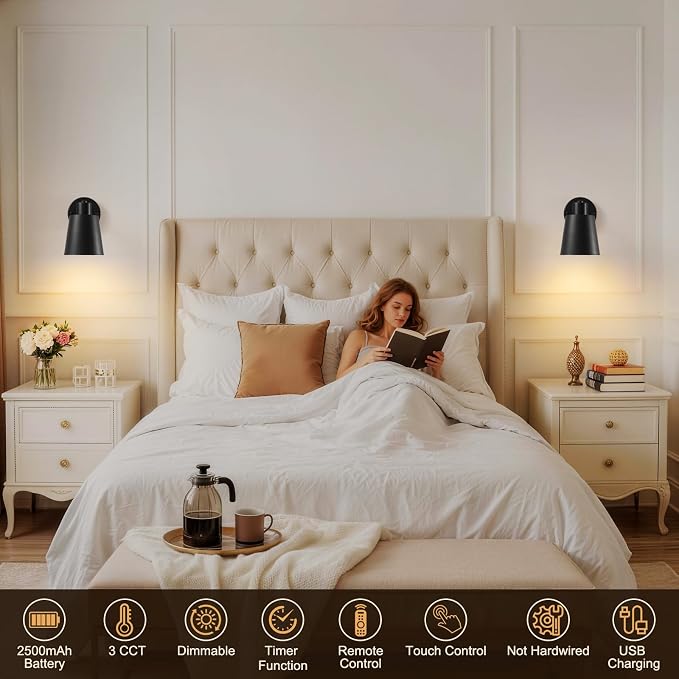 Black Battery Operated Wall Sconces Set of Two with Remote, Rechargeable Battery Powered Wall Lights, 3 Color Temperature, Dimmable, Modern Wireless Wall Lamps for Bedroom Living Room Hallway