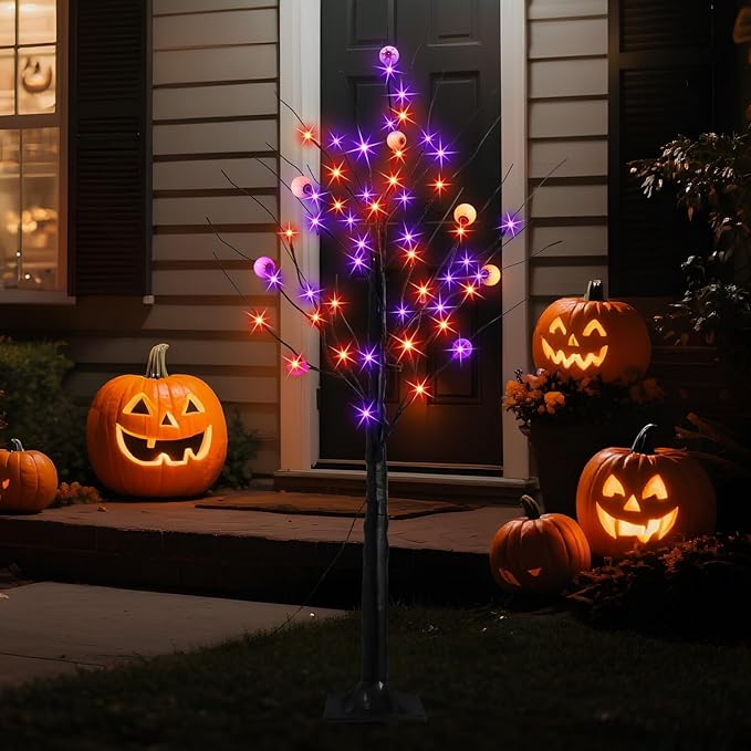 2 Pack 4FT Lighted Black Halloween Tree with 96 Purple & Orange Lights, Higher Size, Timer LED Soopky Tree Lights for Outdoor Garden Porch Home Yard Halloween Decoration