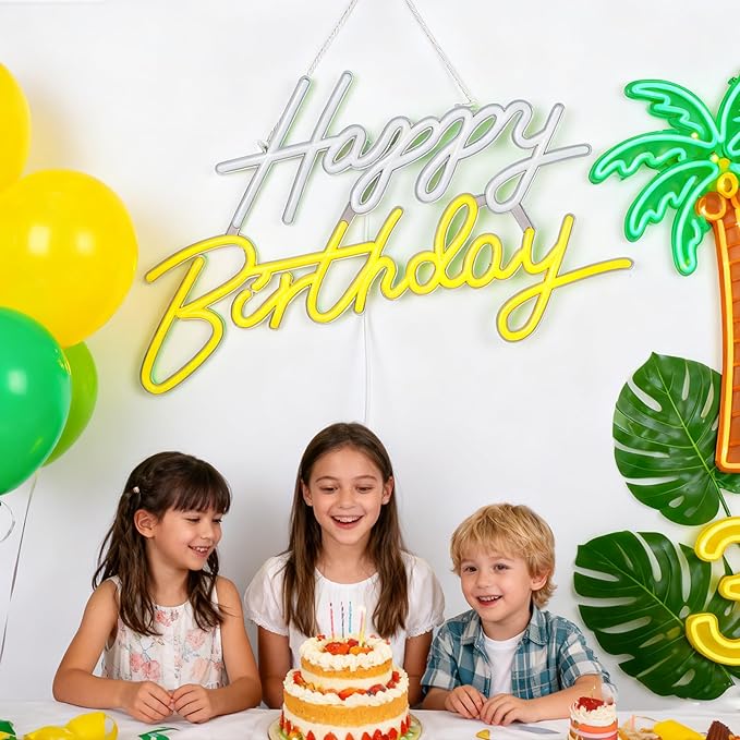 Happy Birthday Neon Sign, Neon Sign for Wall Decor, USB Powered Dimmable Neon Light, LED Happy Birthday Light Up Sign for Party, Perfect for Backdrop Birthday Party Decoration, White and Yellow