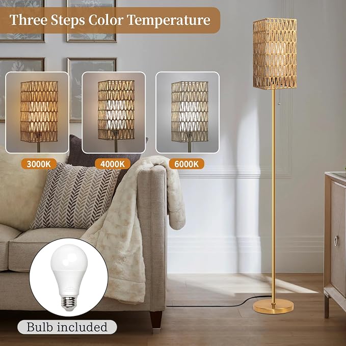 Ruiever Floor Lamp for Living Room,Farmhouse Floor lamp,Modern Standing lamp with Hand-Worked Rattan Shade (Square Rattan Shade Body Gold Color-3 Color Bulb)