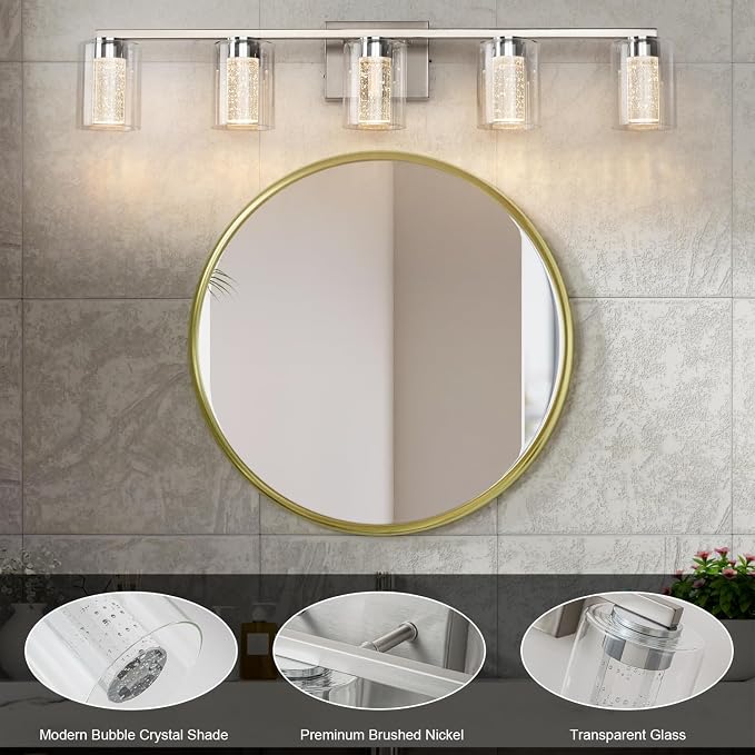SineRise 5-Light Brushed Nickel Vanity Light with 3 Color Modes (3000K/4000K/6000K), Eye Protection LED Bathroom Light Fixture, Dimmable Modern Wall Light Over Mirror with Clear Glass Shade