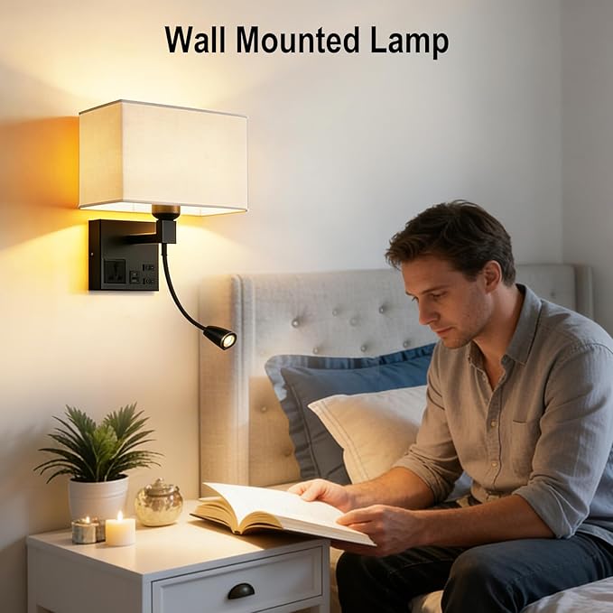 Plug in Wall Sconce, Bedside Wall Lamp for Bedroom with AC Outlet & USBA+C Charging Port, Wall Mounted Reading Light with 360°Adjustable, Black Headboard Lamps with 3 Color Temperature