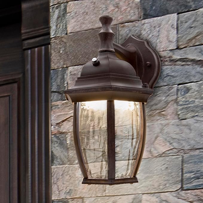 Maxxima LED Brown Outdoor Wall Light, 580 Lumens 3000K, Dusk to Dawn Sensor | Clear Water Glass, Warm White, Photocell Sensor, Exterior Patio or Porch Sconce Fixture