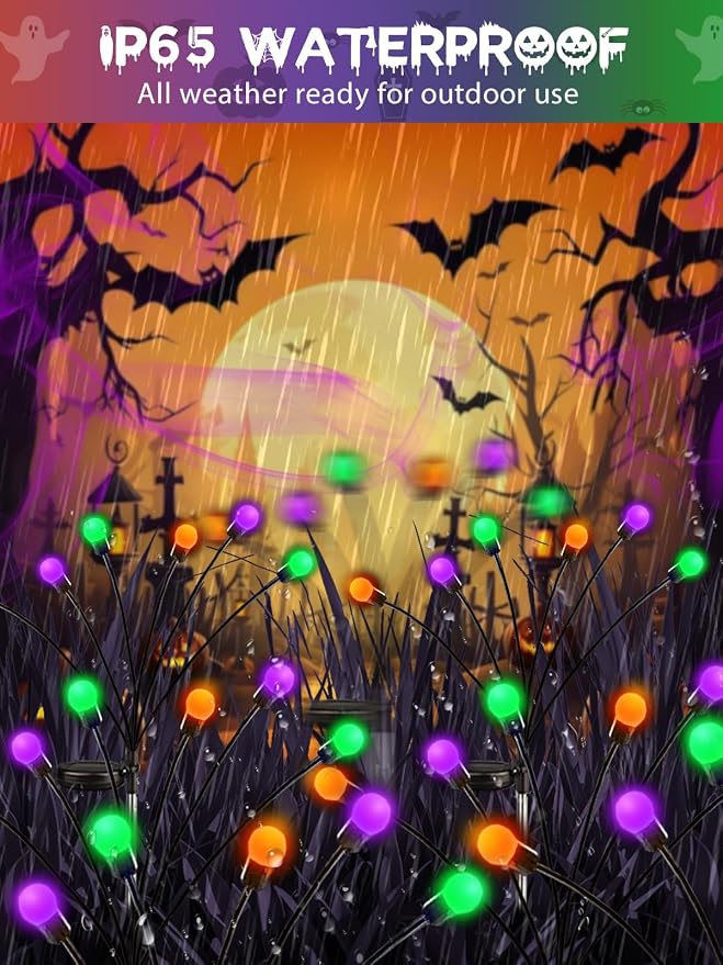 Halloween Decor Outdoor Solar Firefly Lights 6PK 48 LED Orange Purple Green | 2 Lighting Modes, Memory Function and Auto On/Off, Sway with Wind, Waterproof Halloween Decor for Outside Horror Party Garden