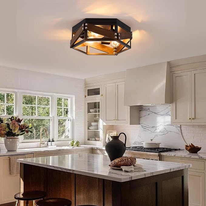 XSDeTu Farmhouse Flush Mount Ceiling Light, 3-Light Hallway Lights with Metal and Wood, Industrial Kitchen Light Fixtures Ceiling Mount, Rustic Black Chandelier for Bedroom Living Room Bathroom