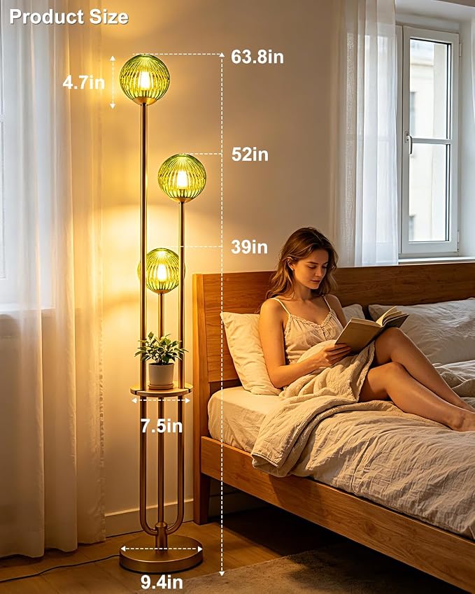 Lightdot Green Glass Floor Lamp with Shelf 63IN Dimmable Mid Century Modern Gold Standing Lamps 3000K Bulbs Included Globe Floor Lamp with 5Lbs Heavy Base for Living Room/Wedding/Sofa Beside/Corner