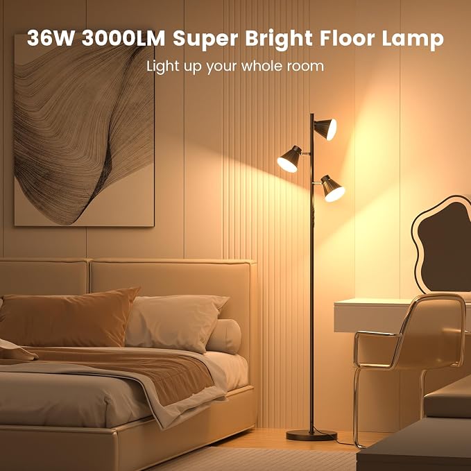 36W LED Tree Floor Lamp, Dimmable Tall Standing Lamp with Remote & Touch Control, 4 Color Temperatures Bright Floor Lamp, 3 Rotatable Light Modern Floor Lamps for Living Room Bedroom Office